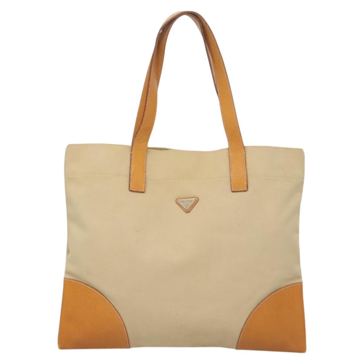 PRADA Tote Bag Canvas Leather Beige Silver Auth ti3142