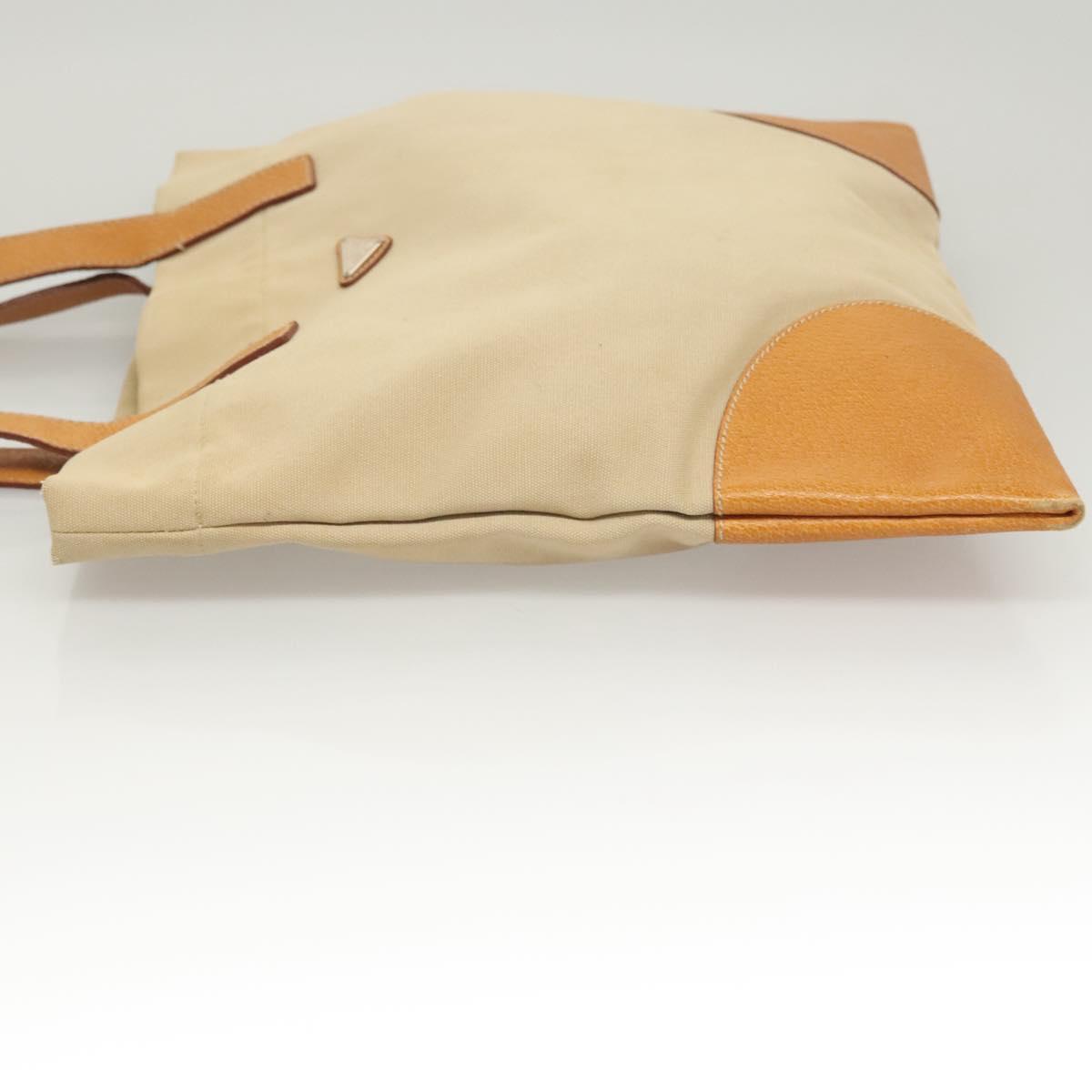 PRADA Tote Bag Canvas Leather Beige Silver Auth ti3142
