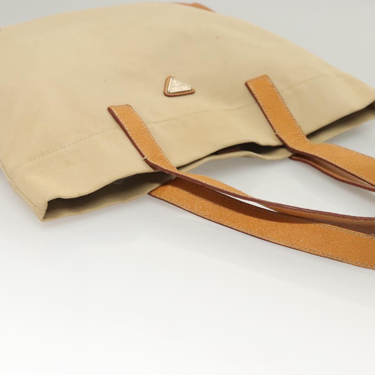 PRADA Tote Bag Canvas Leather Beige Silver Auth ti3142