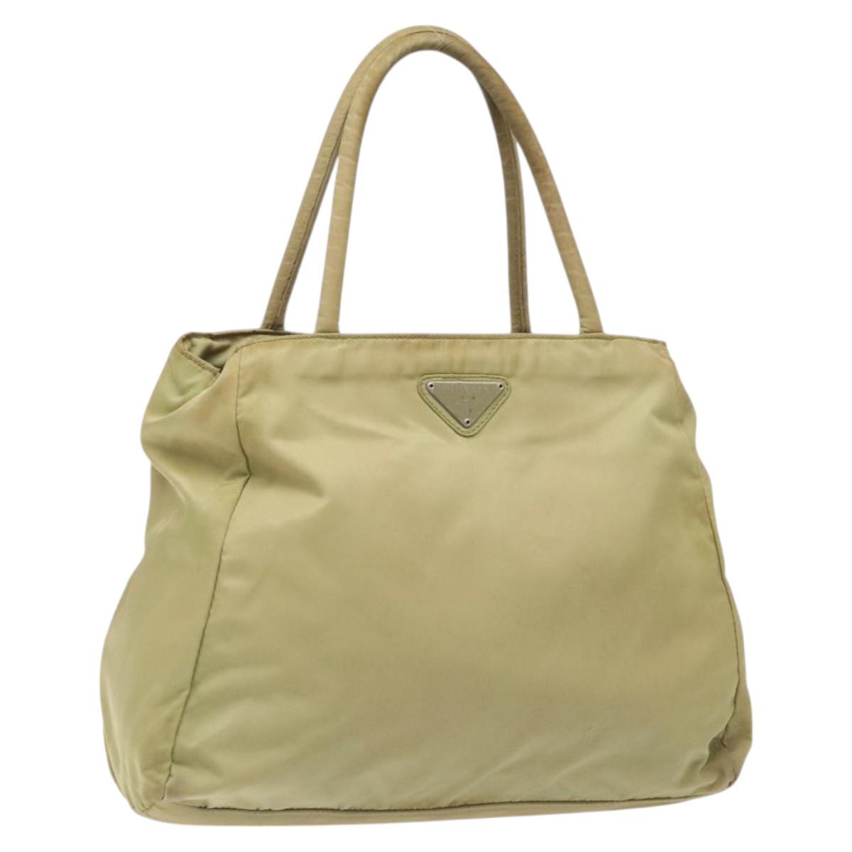 PRADA Hand Bag Nylon Leather Beige Silver Auth ti3143
