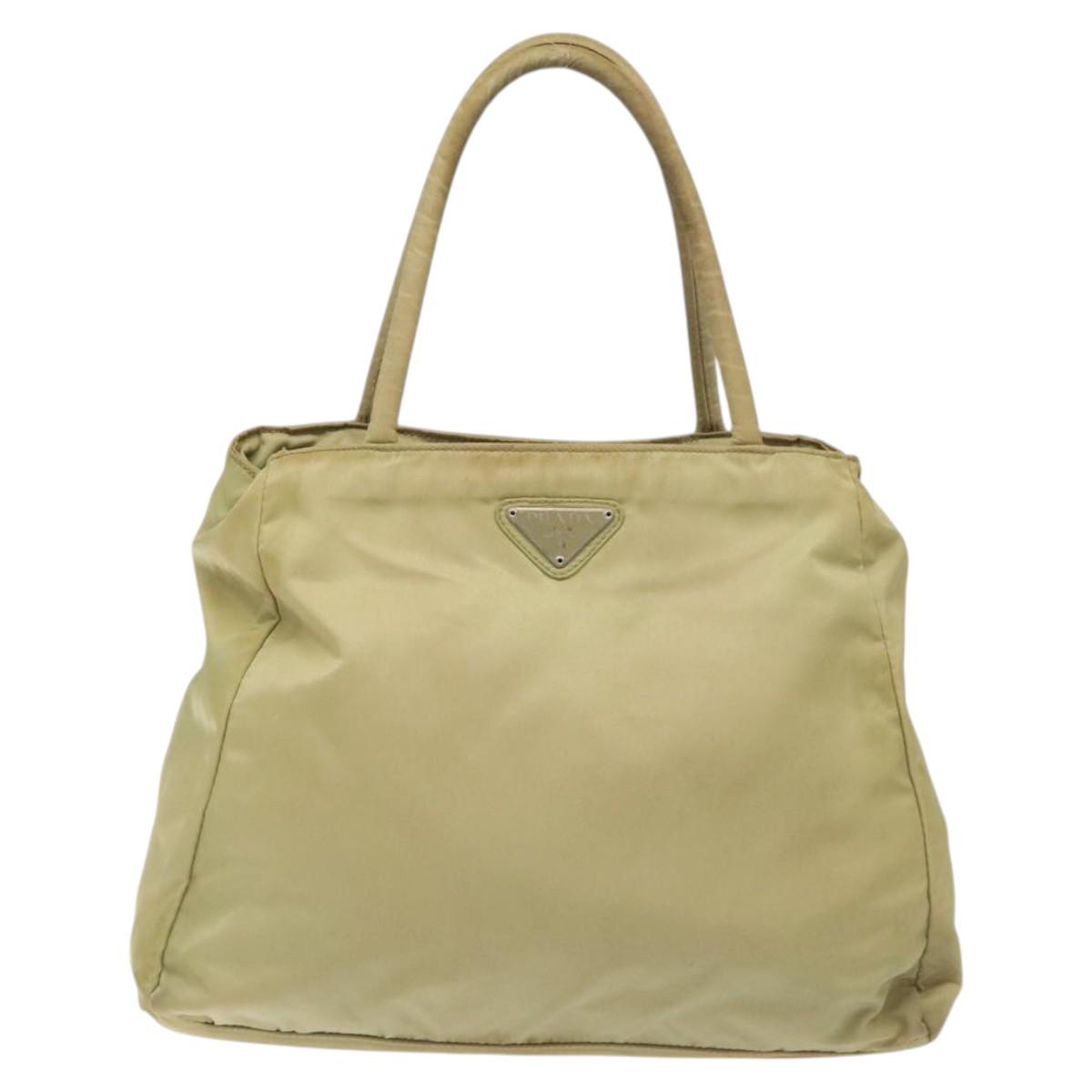 PRADA Hand Bag Nylon Leather Beige Silver Auth ti3143