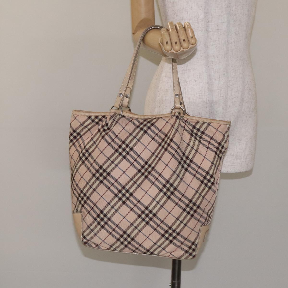 BURBERRY Nova Check Blue Label Tote Bag Nylon Beige Silver Auth ti3252