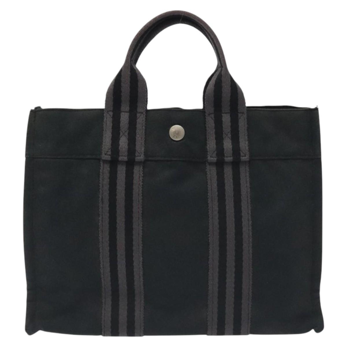 HERMES Fourre Tout PM Hand Bag Canvas Black Gray Silver Auth ti3266