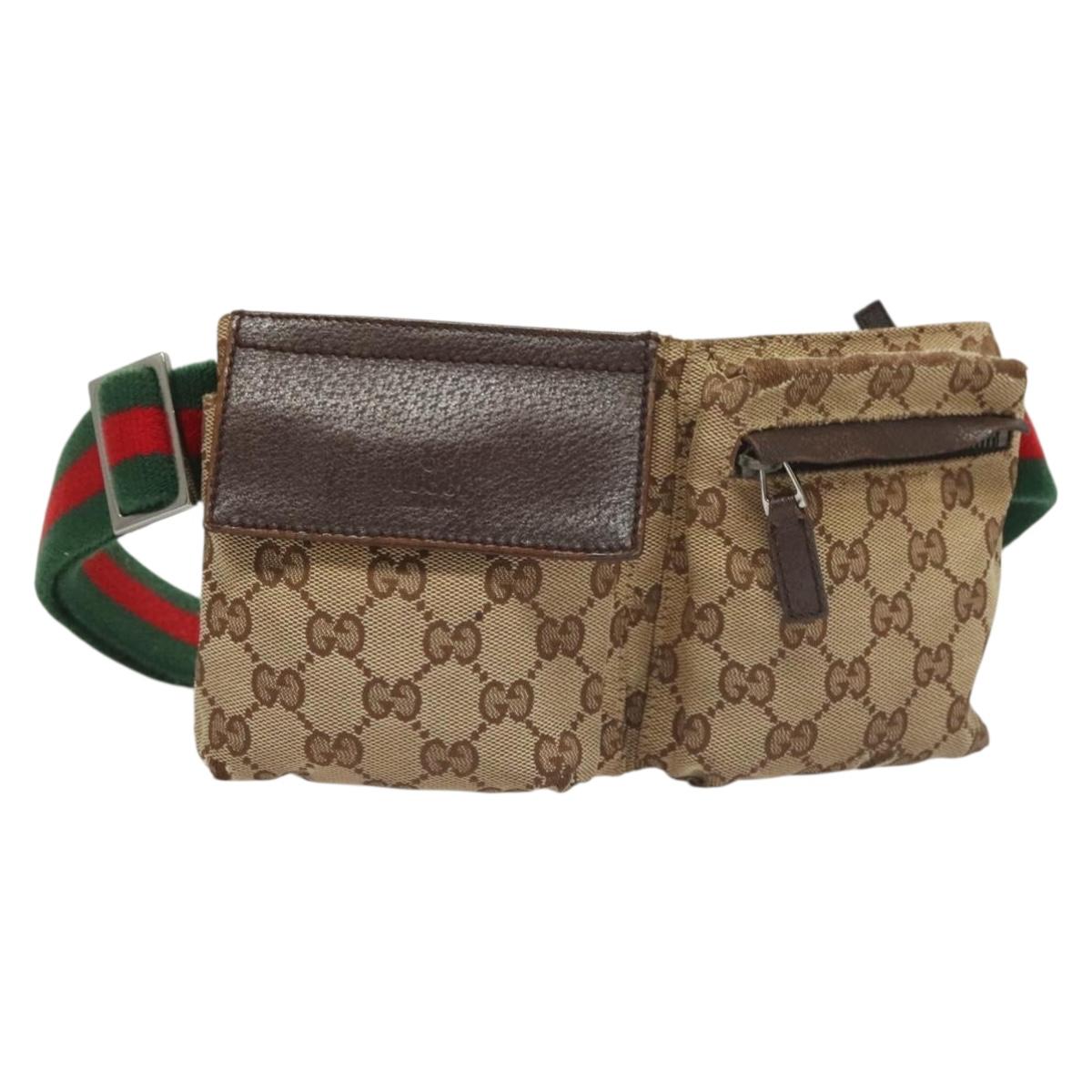 GUCCI GG Canvas Web Sherry Line Waist Bag Beige Silver 162962 Auth ti3276