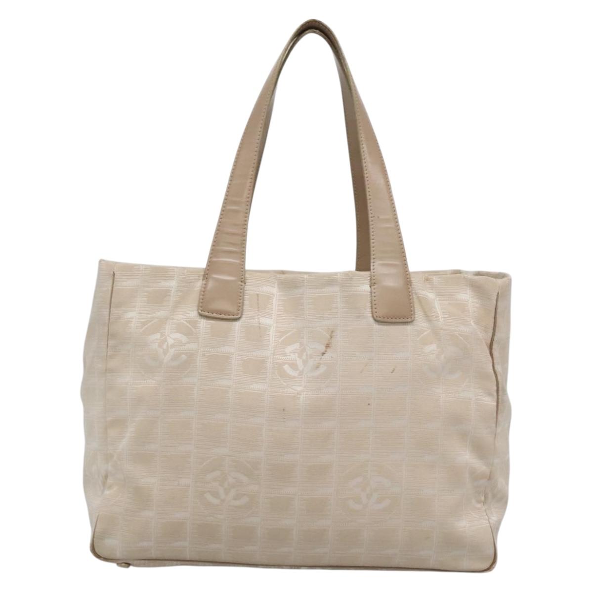CHANEL New Travel Line Tote Bag Nylon Beige Gold CC Auth ti3343
