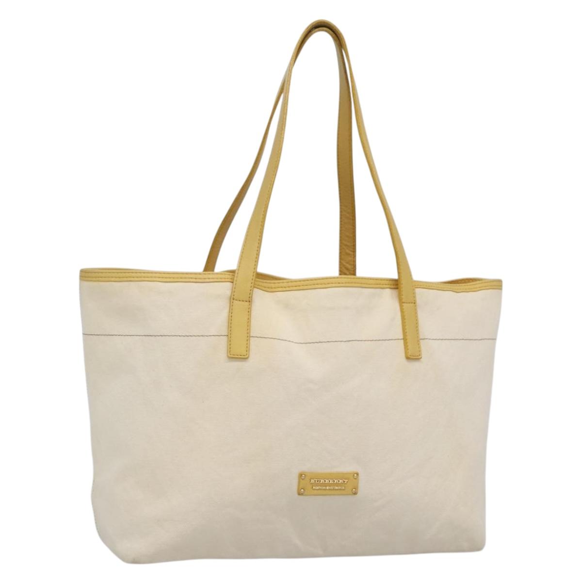 BURBERRY Tote Bag Canvas Leather White Yellow gold Auth ti3365