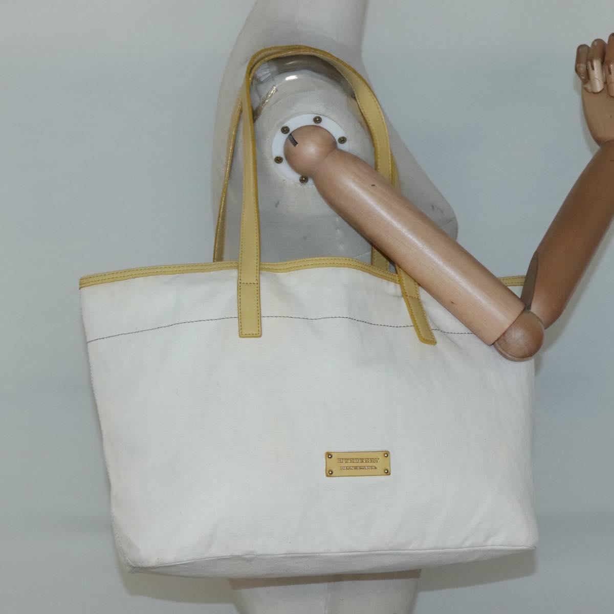 BURBERRY Tote Bag Canvas Leather White Yellow gold Auth ti3365