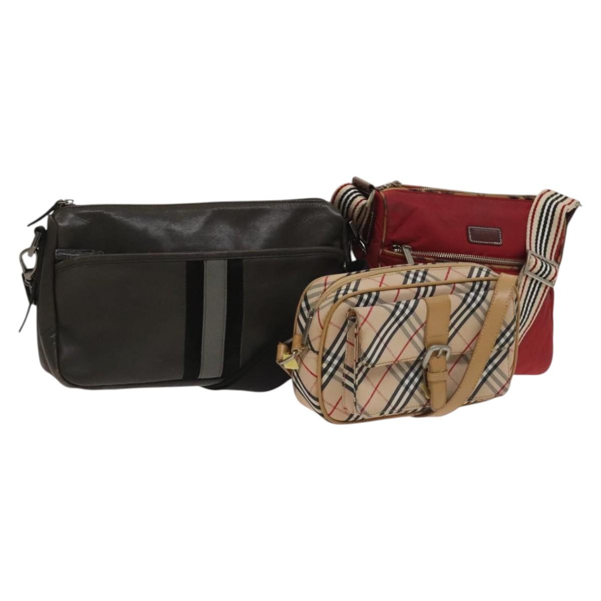 BURBERRY Nova Check Bag Canvas Nylon Leather 3Set Beige Gray Red Auth ti3370