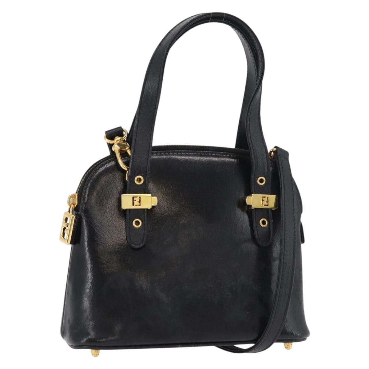FENDI Hand Bag Patent leather 2way Black Gold Auth ti3390