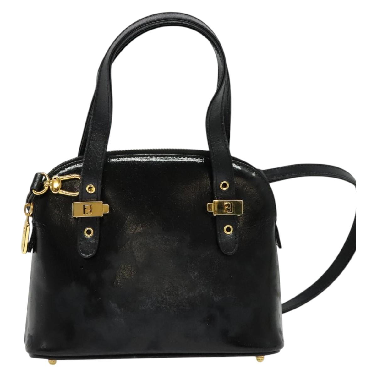 FENDI Hand Bag Enamel 2way Black Gold Auth ti3390