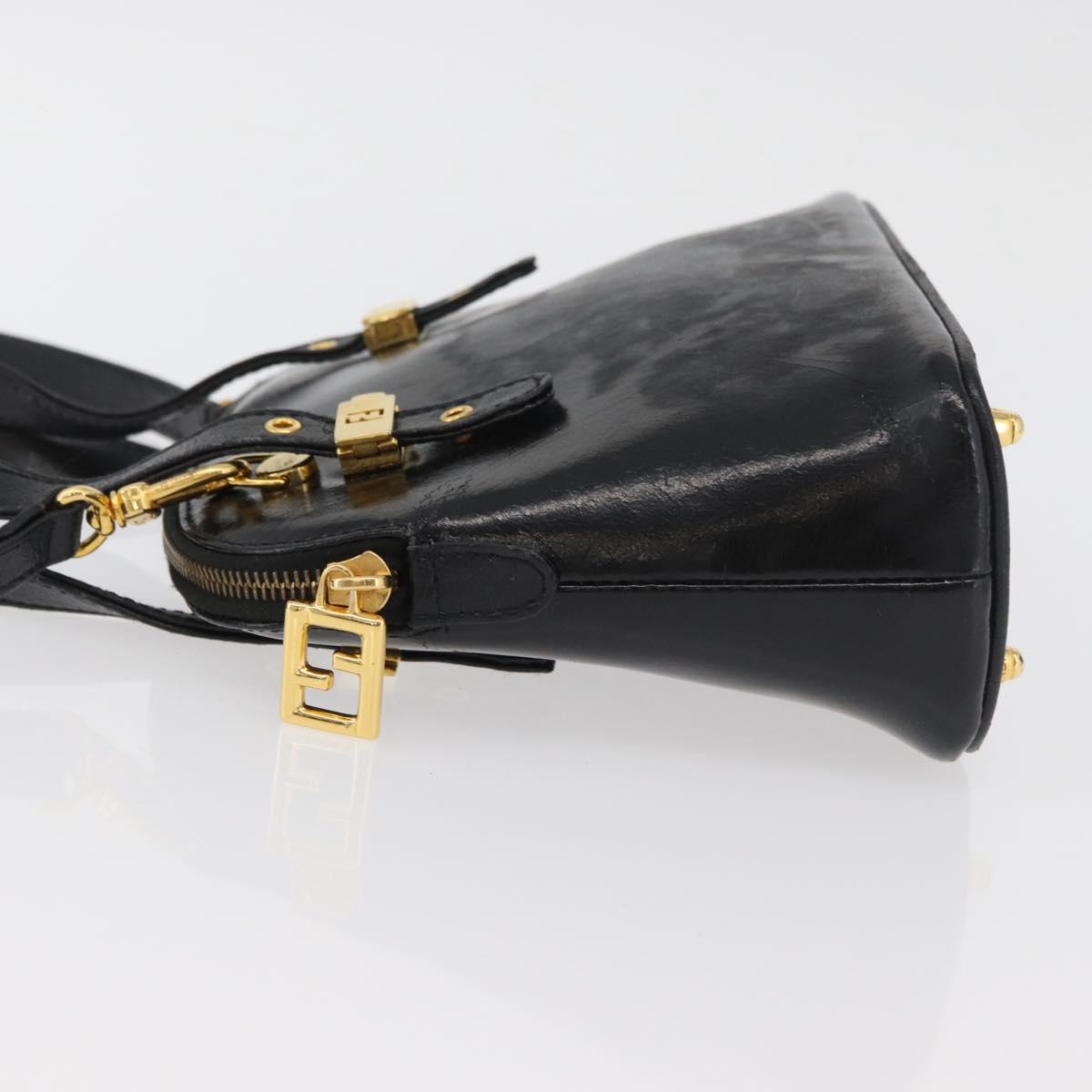 FENDI Hand Bag Patent leather 2way Black Gold Auth ti3390