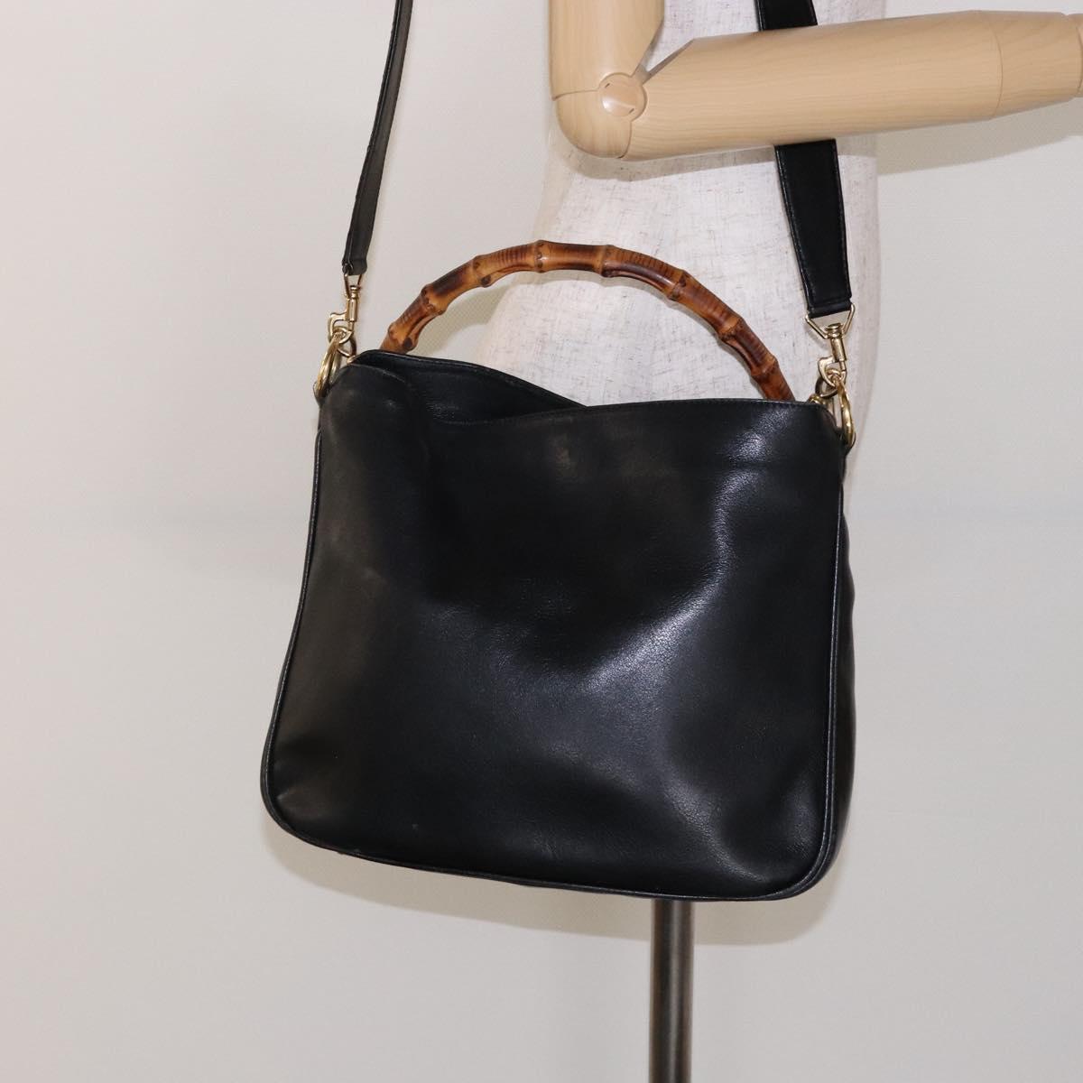 GUCCI Bamboo Hand Bag Leather 2way Black Gold 001 1705 1638 Auth ti3391
