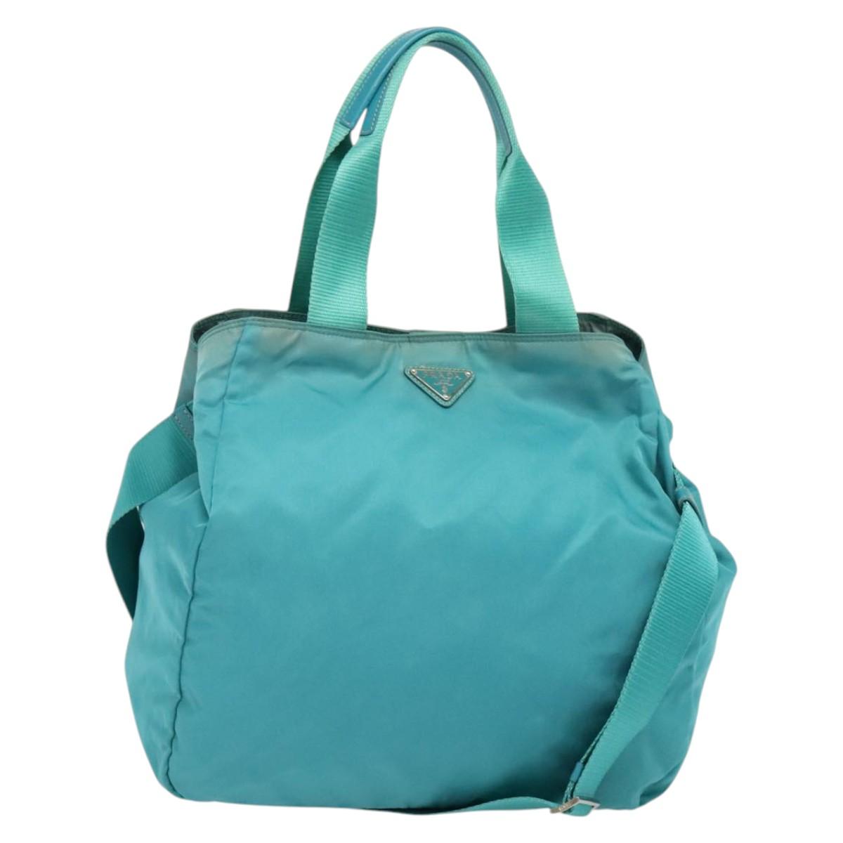 PRADA Tote Bag Nylon 2way Turquoise Blue Silver Auth ti3401