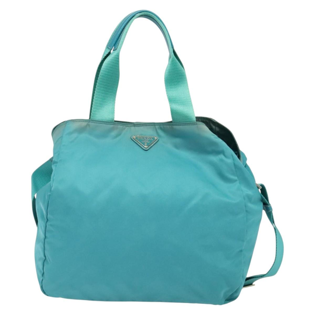 PRADA Tote Bag Nylon 2way Turquoise Blue Silver Auth ti3401