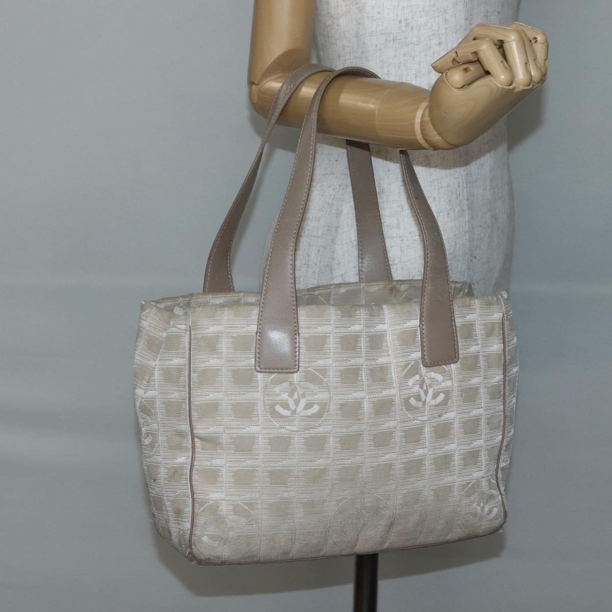 CHANEL New Travel Line Tote Bag Nylon Beige Gold CC Auth ti3446
