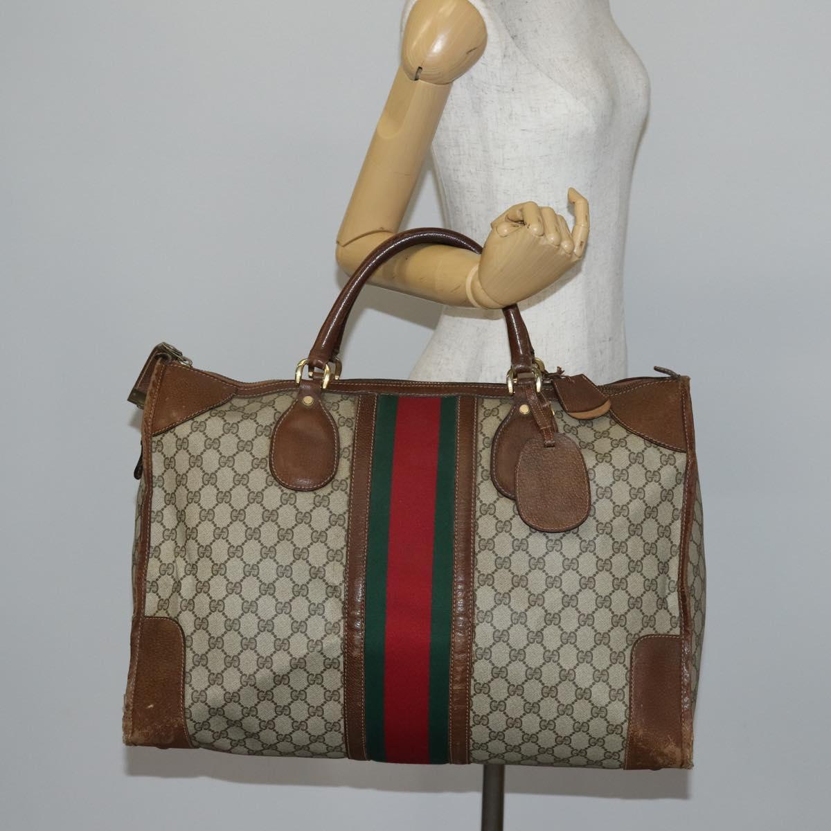 GUCCI GG Supreme Web Sherry Line Boston Bag PVC Beige Gold Auth ti3450