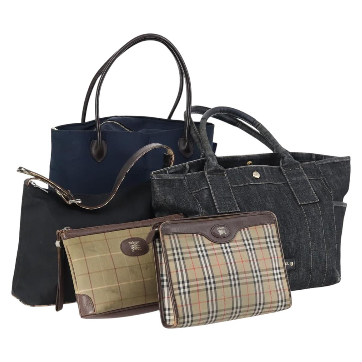 BURBERRY Nova Check Blue Label Bag Canvas nylon 5Set Beige Gray blue Auth ti3451