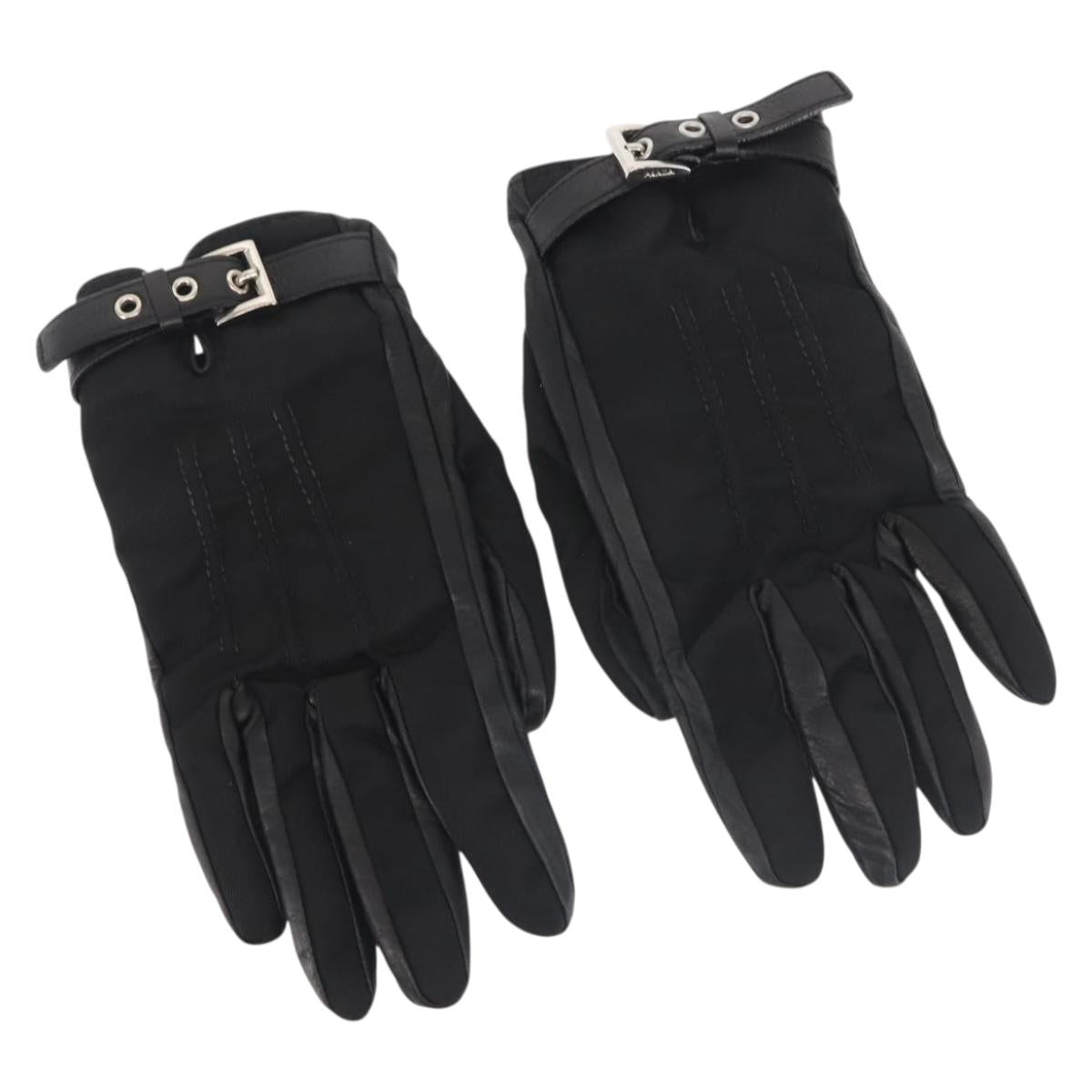 PRADA Gloves Leather Black Silver Auth ti3452