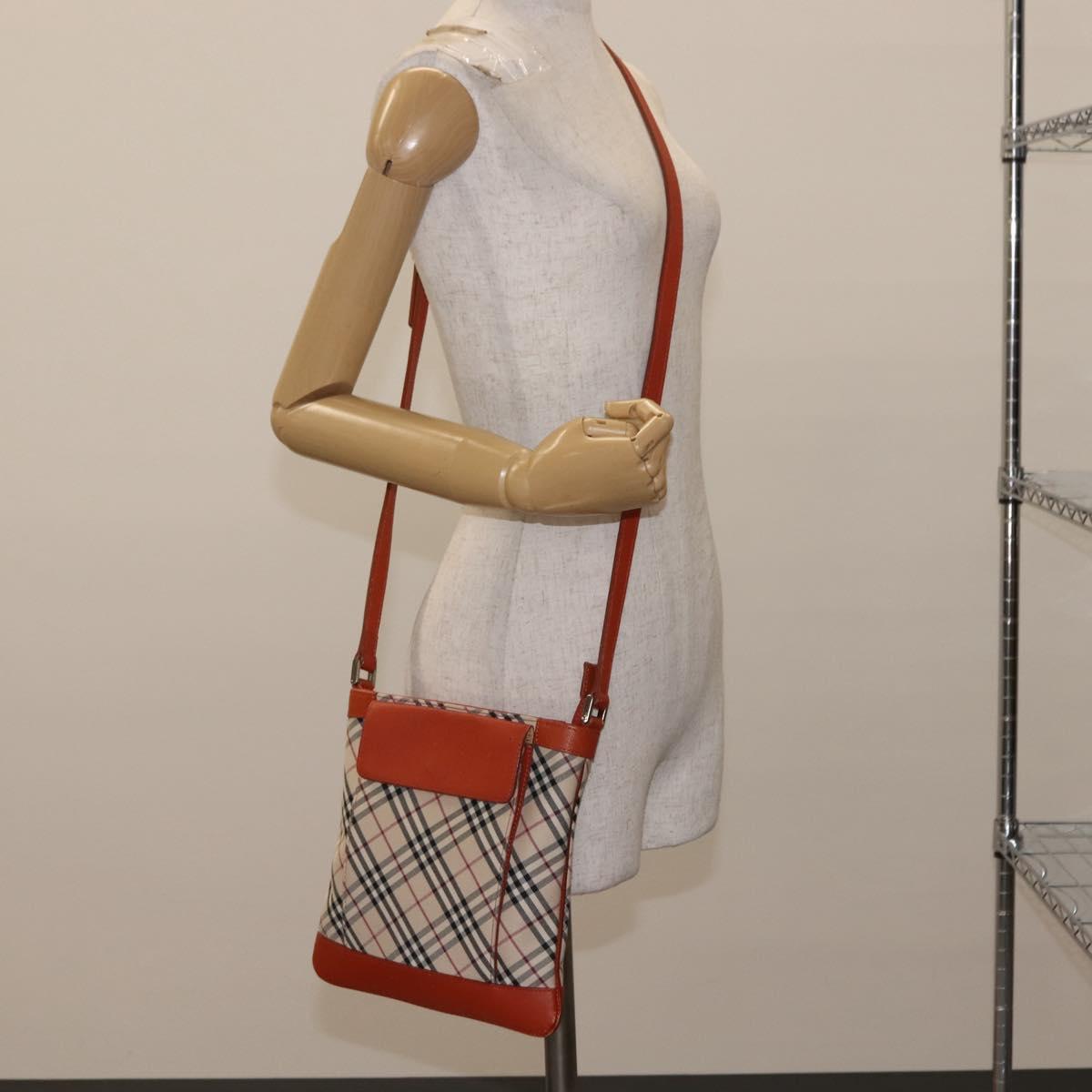 BURBERRY Nova Check Shoulder Bag Canvas Leather Beige Orange Silver Auth ti3467