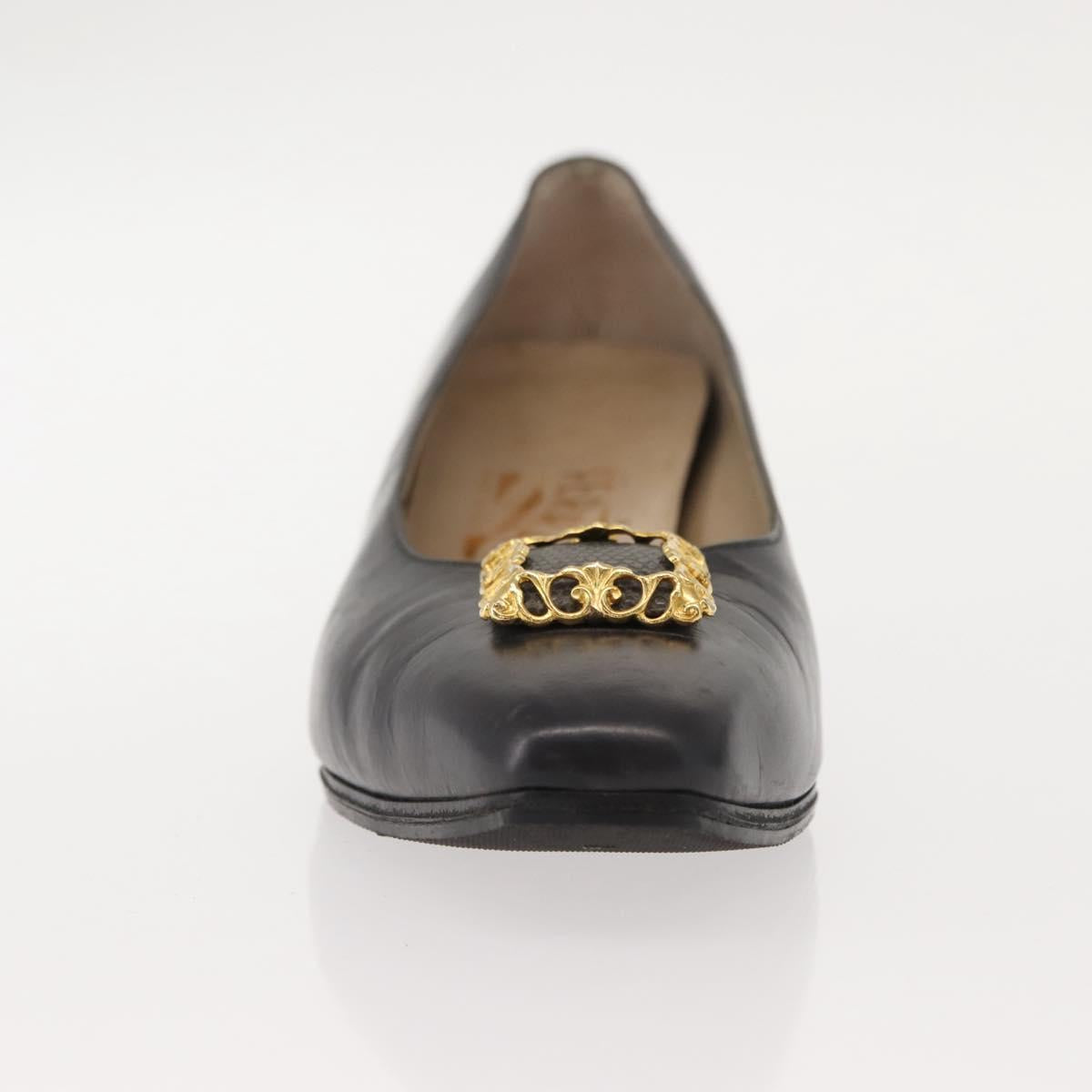 Salvatore Ferragamo Pumps Leather Black Gold Auth ti3478