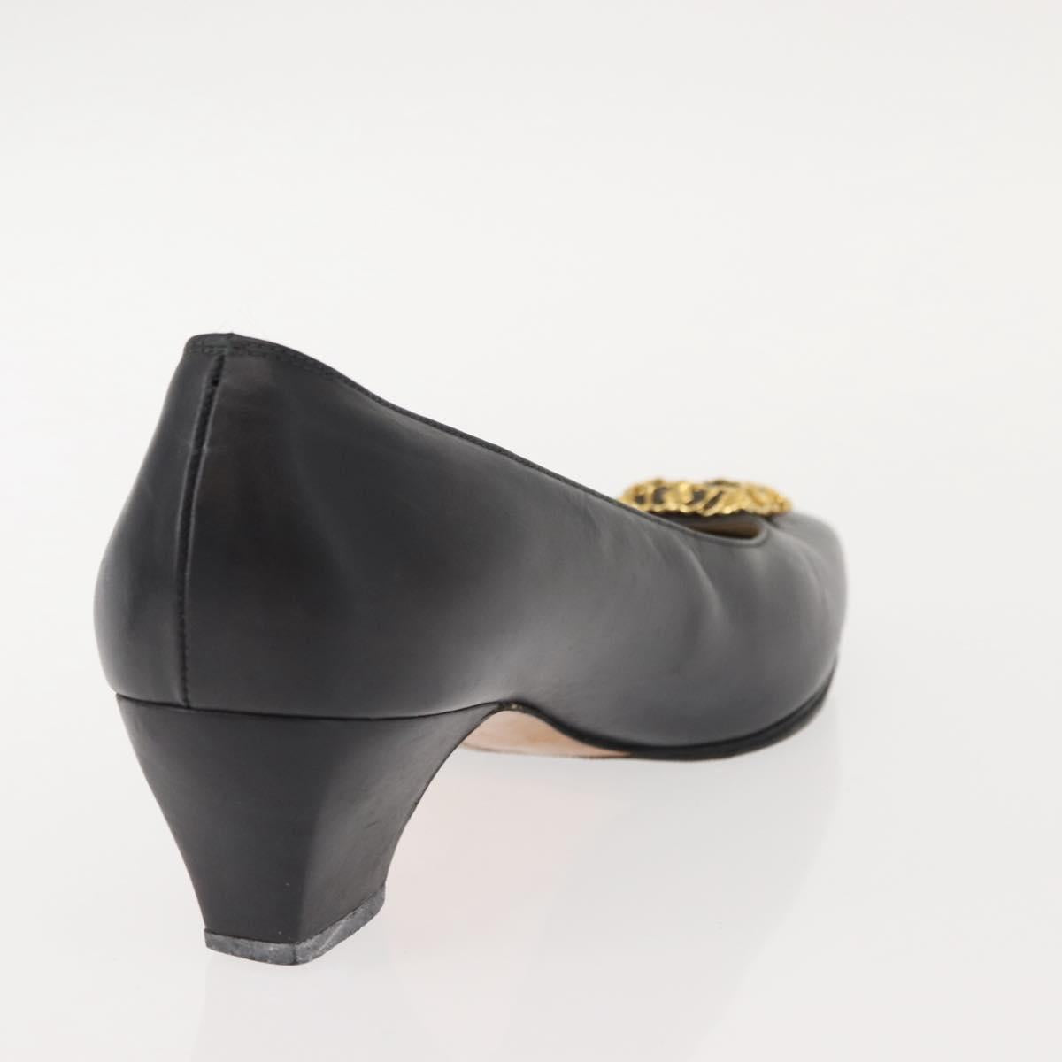 Salvatore Ferragamo Pumps Leather Black Gold Auth ti3478