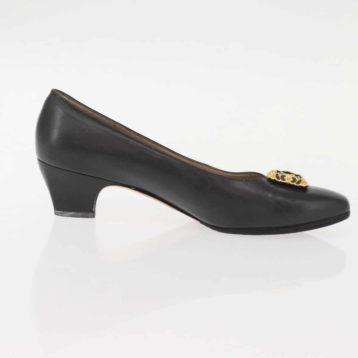 Salvatore Ferragamo Pumps Leather Black Gold Auth ti3478