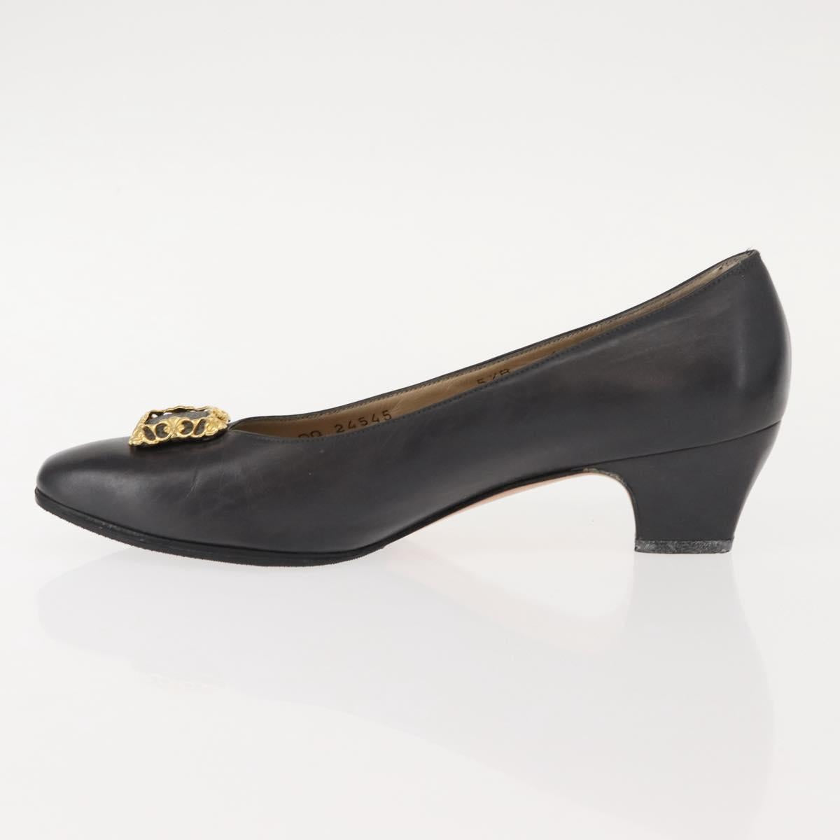 Salvatore Ferragamo Pumps Leather Black Gold Auth ti3478