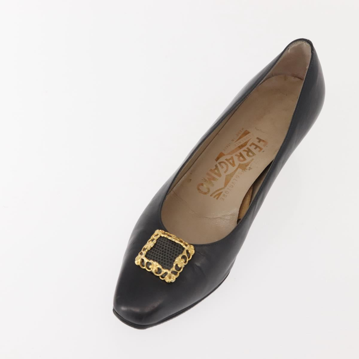 Salvatore Ferragamo Pumps Leather Black Gold Auth ti3478
