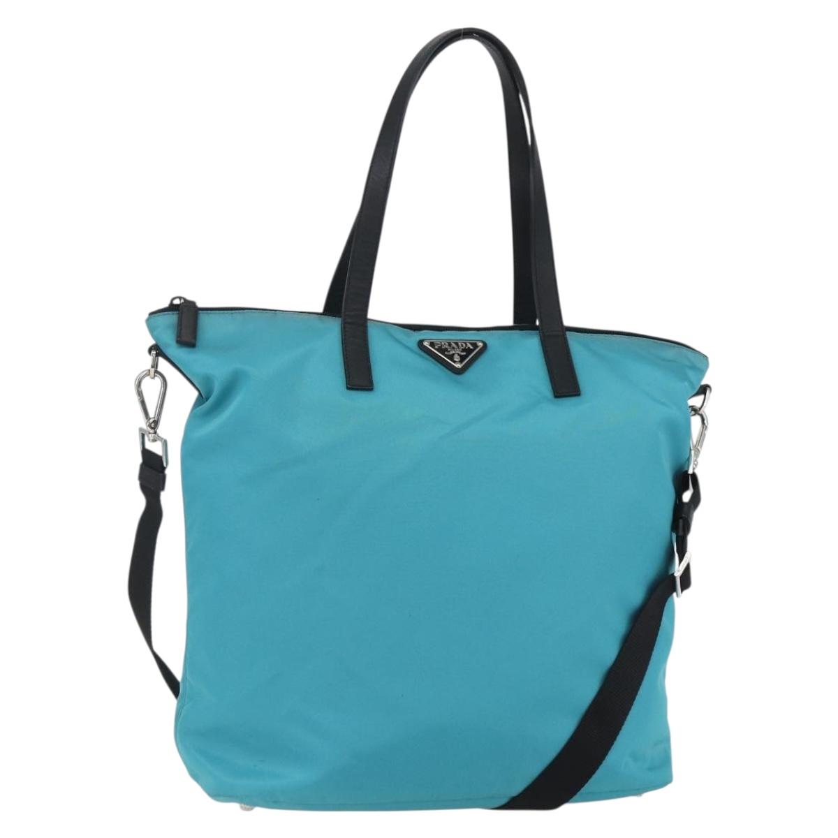 PRADA Tote Bag Nylon 2way Turquoise Blue Silver Auth ti3503