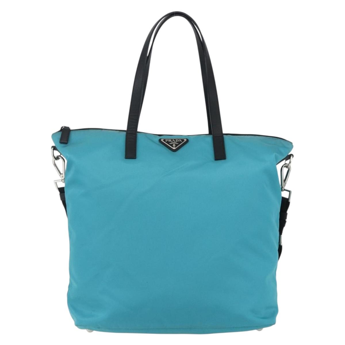 PRADA Tote Bag Nylon 2way Turquoise Blue Silver Auth ti3503