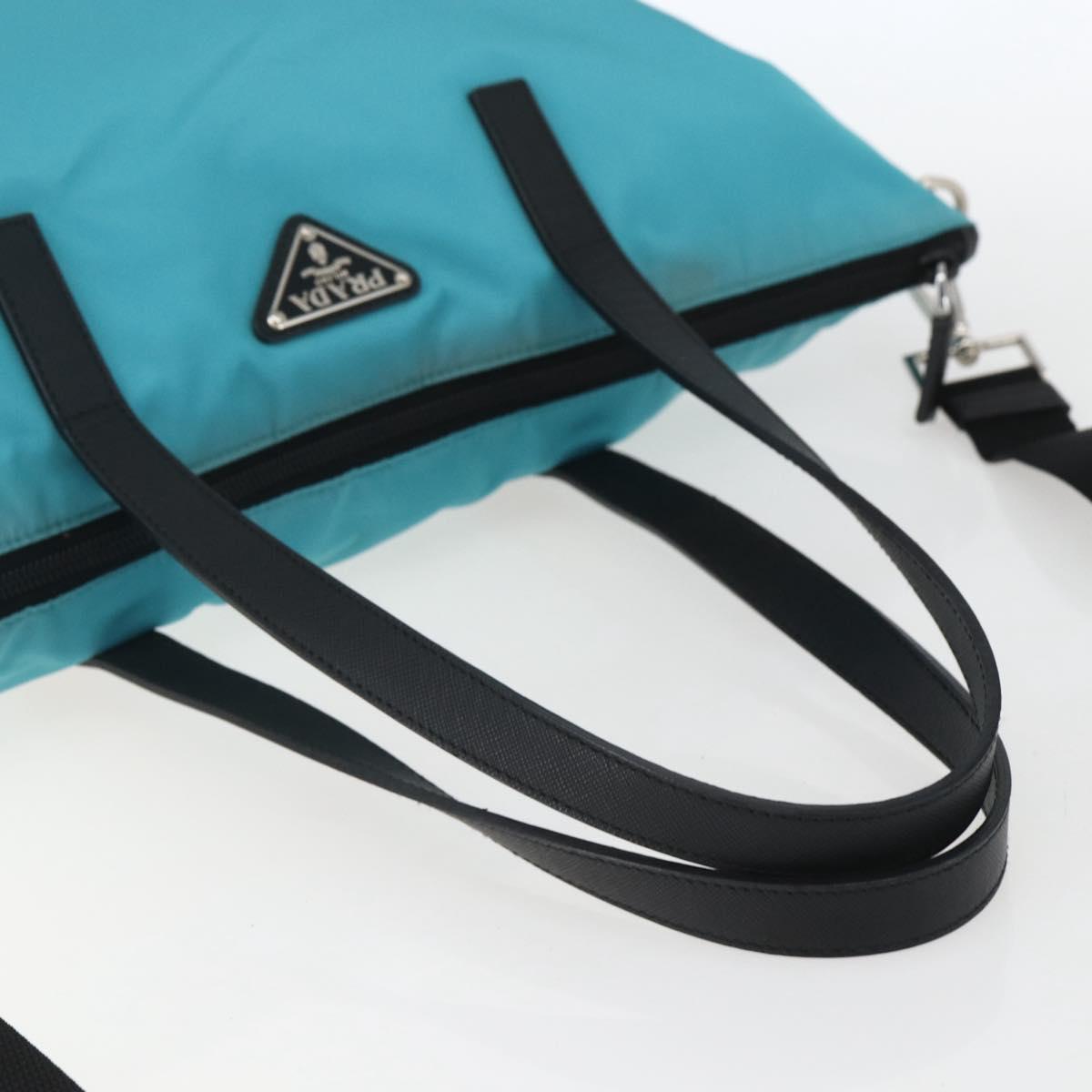 PRADA Tote Bag Nylon 2way Turquoise Blue Silver Auth ti3503