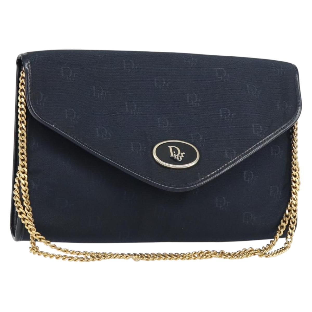 Christian Dior Chain Shoulder Bag Canvas Navy Gold Auth ti3507