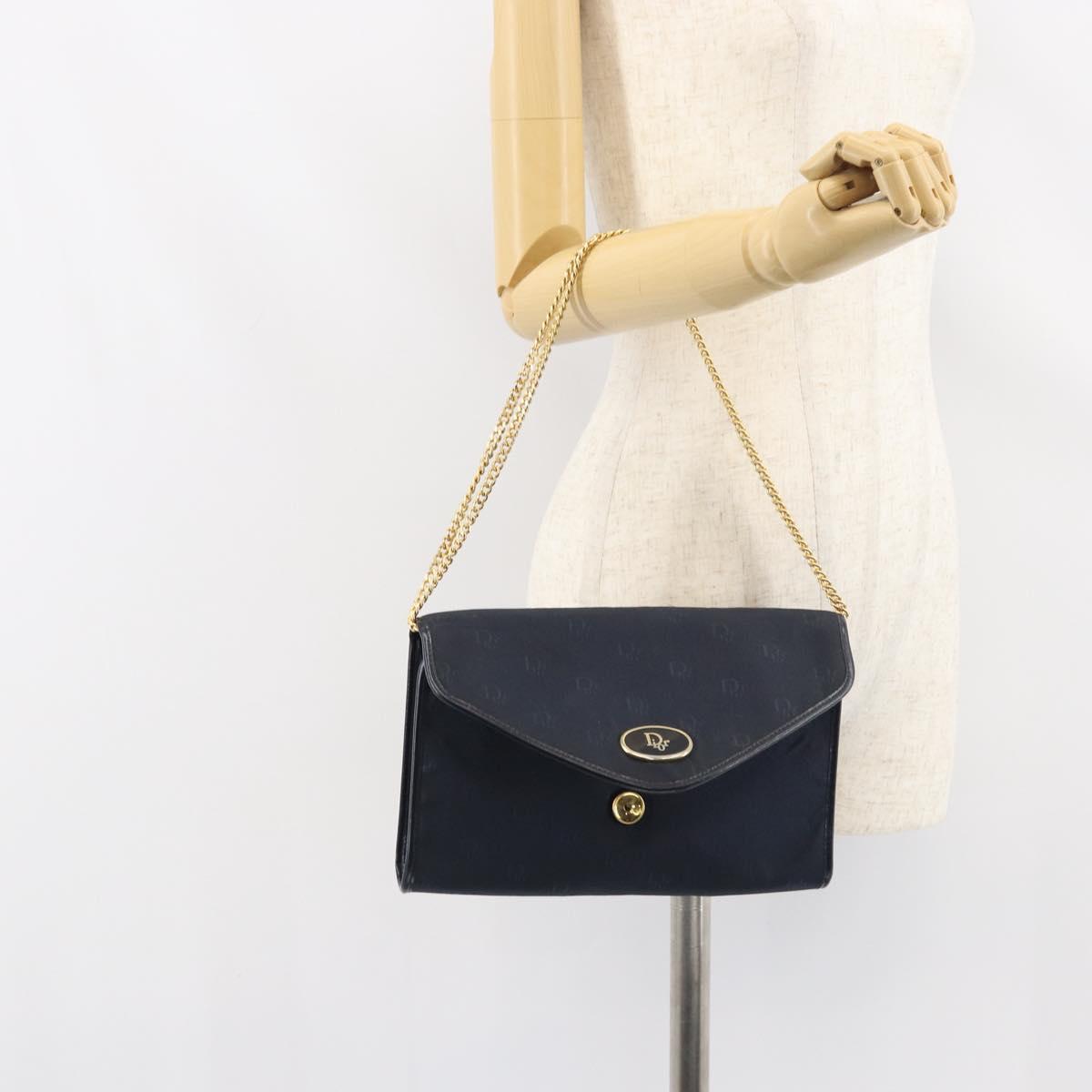 Christian Dior Chain Shoulder Bag Canvas Navy Gold Auth ti3507