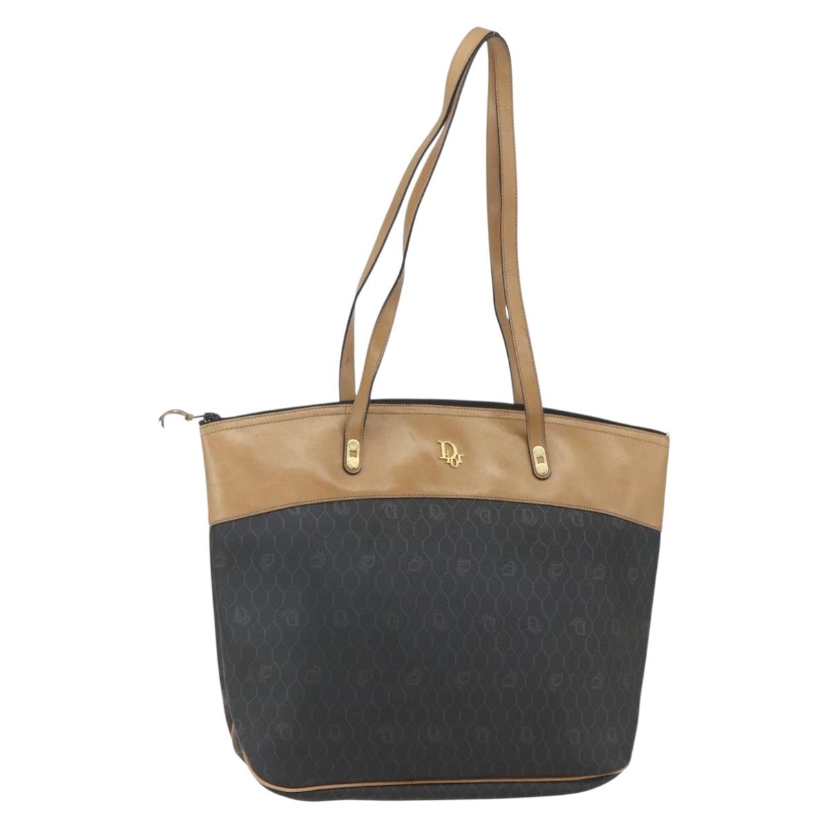 Christian Dior Honeycomb Canvas Tote Bag PVC Black Brown gold Auth ti3512