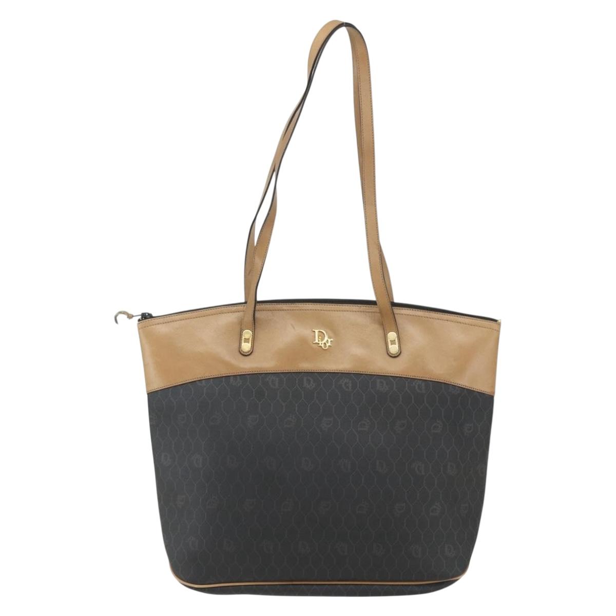Christian Dior Honeycomb Canvas Tote Bag PVC Black Brown gold Auth ti3512