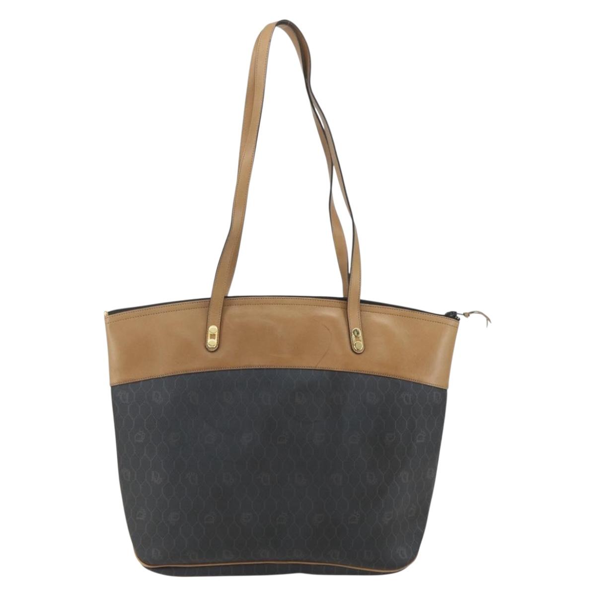 Christian Dior Honeycomb Canvas Tote Bag PVC Black Brown gold Auth ti3512