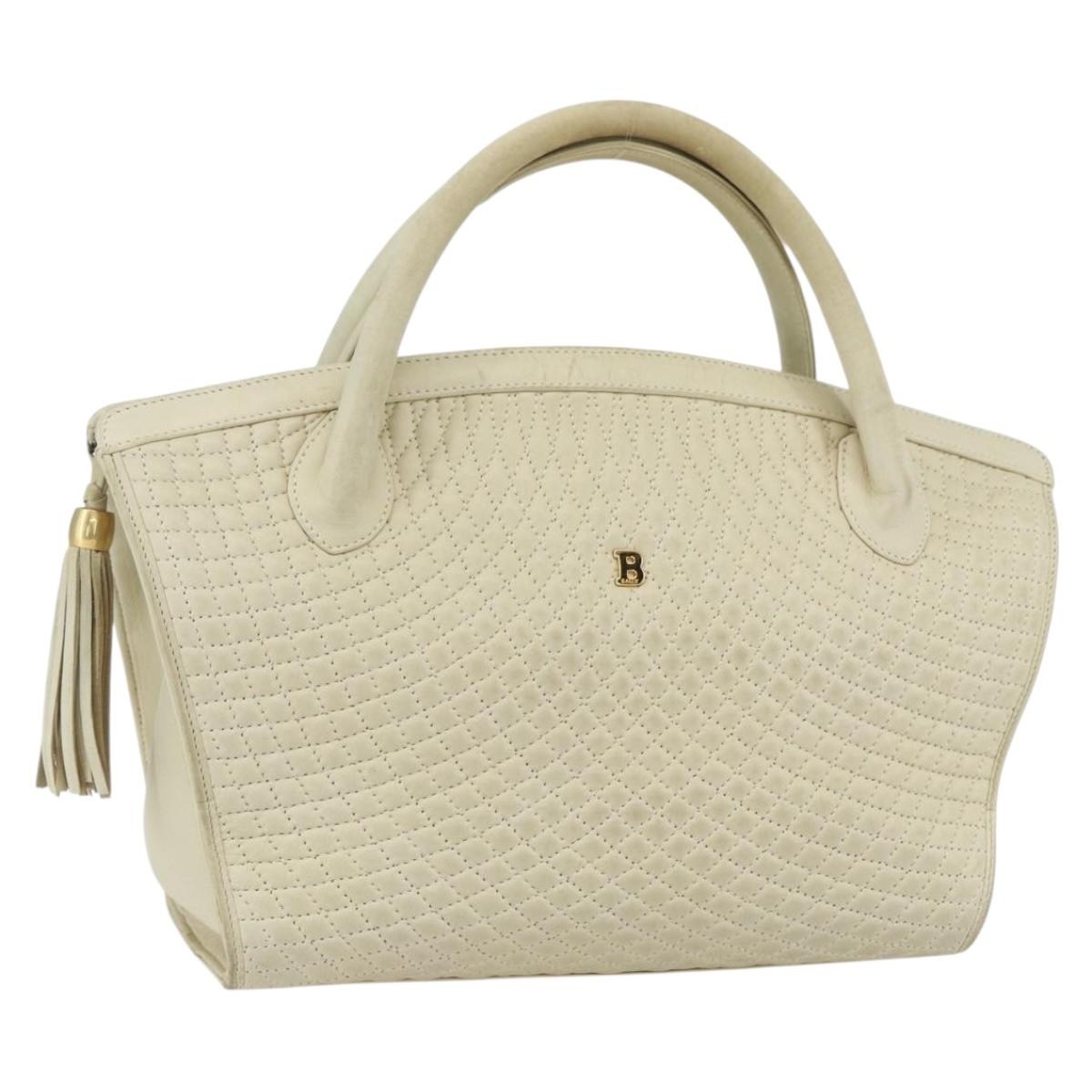 BALLY Quilted Hand Bag Leather White Gold Auth ti3520