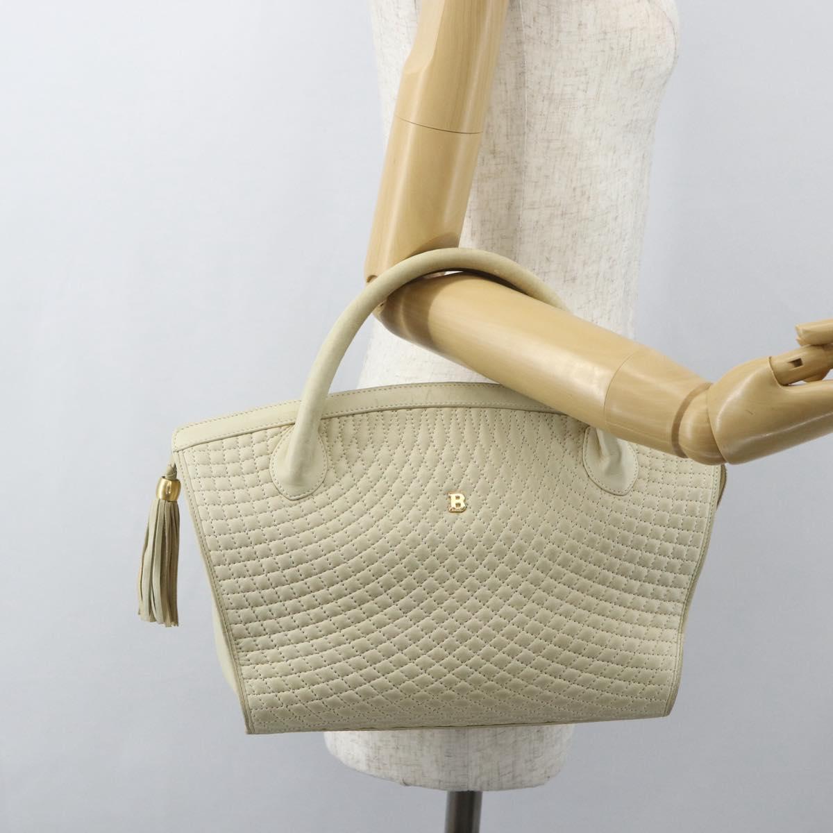 BALLY Quilted Hand Bag Leather White Gold Auth ti3520