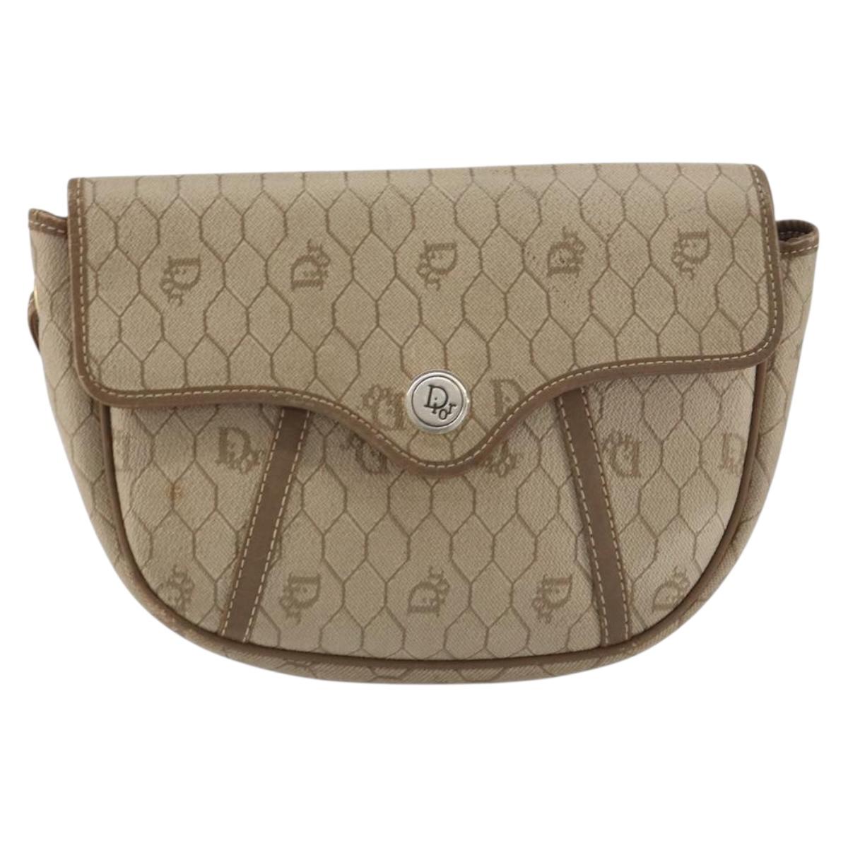 Christian Dior Honeycomb Canvas Shoulder Bag PVC Beige Gold Auth ti3528