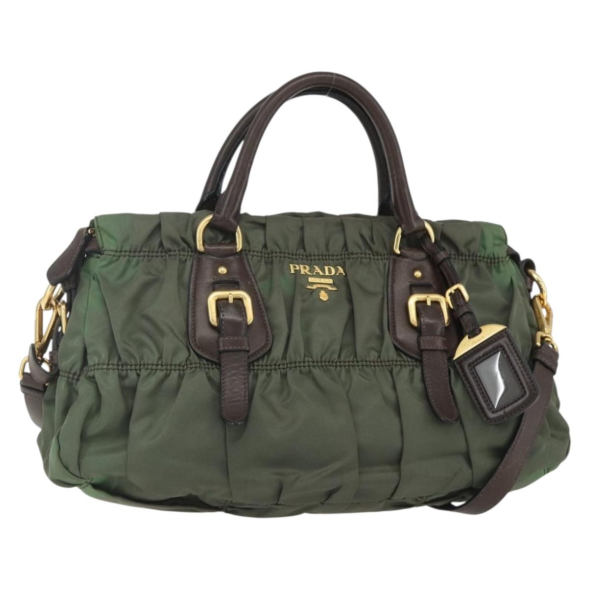 PRADA Hand Bag Nylon 2way Khaki Gold Auth ti3541