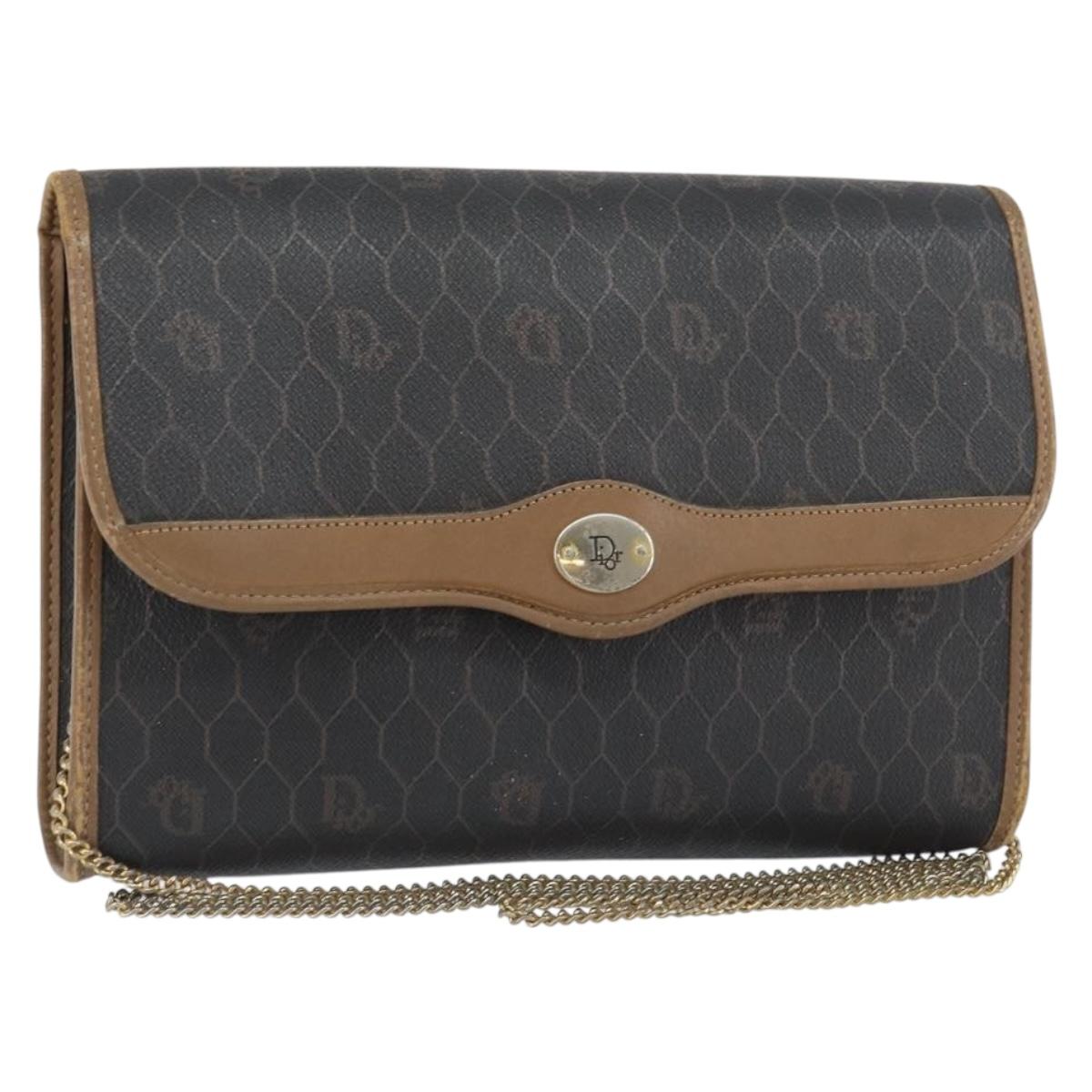 Christian Dior Honeycomb Canvas Chain Shoulder Bag PVC Black Gold Auth ti3549