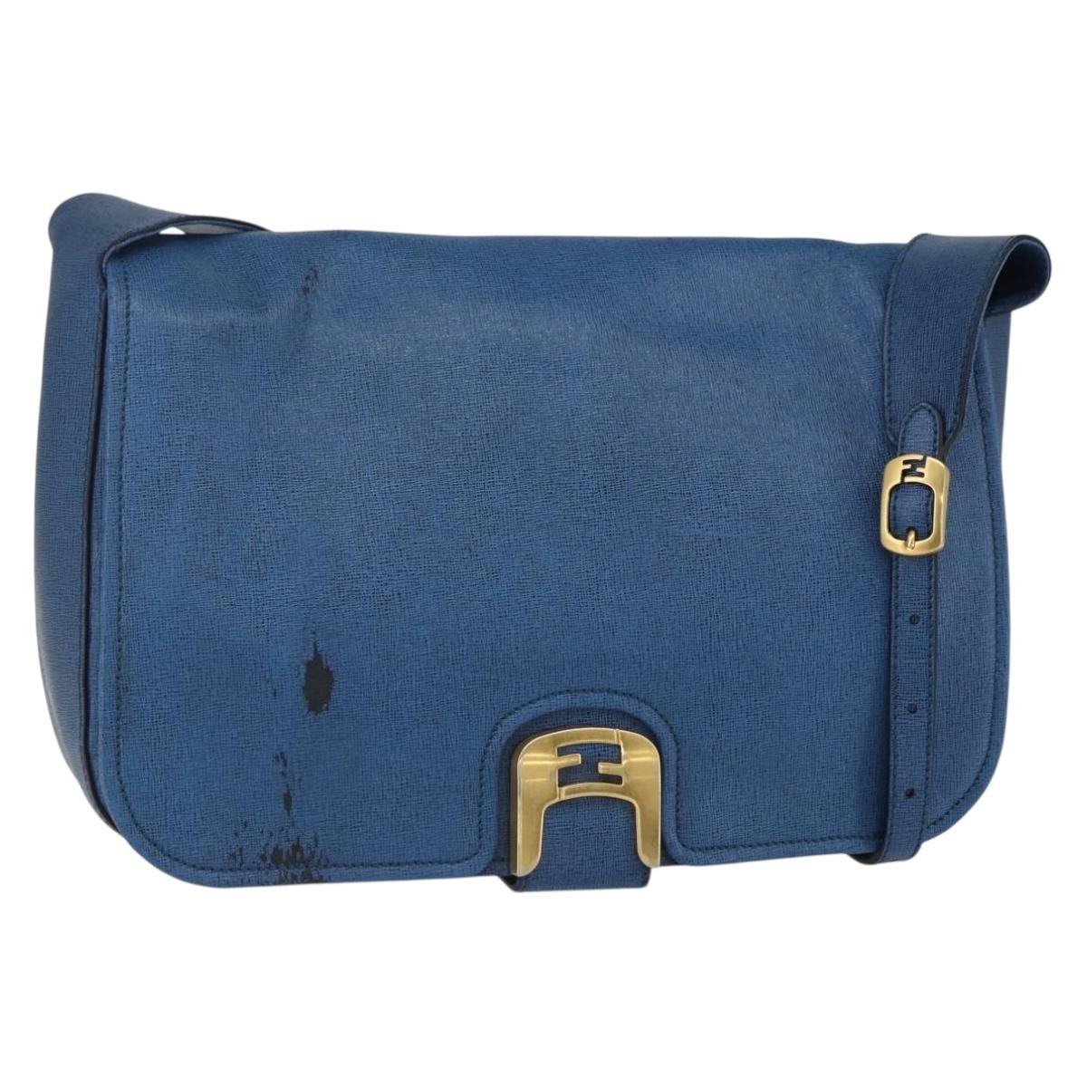 FENDI Chameleon Shoulder Bag Leather Blue gold Auth ti3558