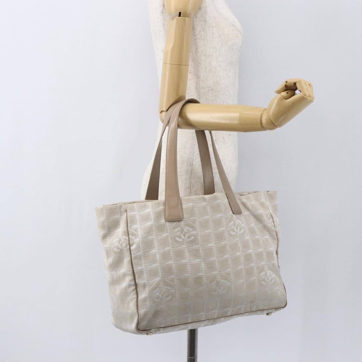 CHANEL New travel line Tote Bag Nylon Beige Gold CC Auth ti3559