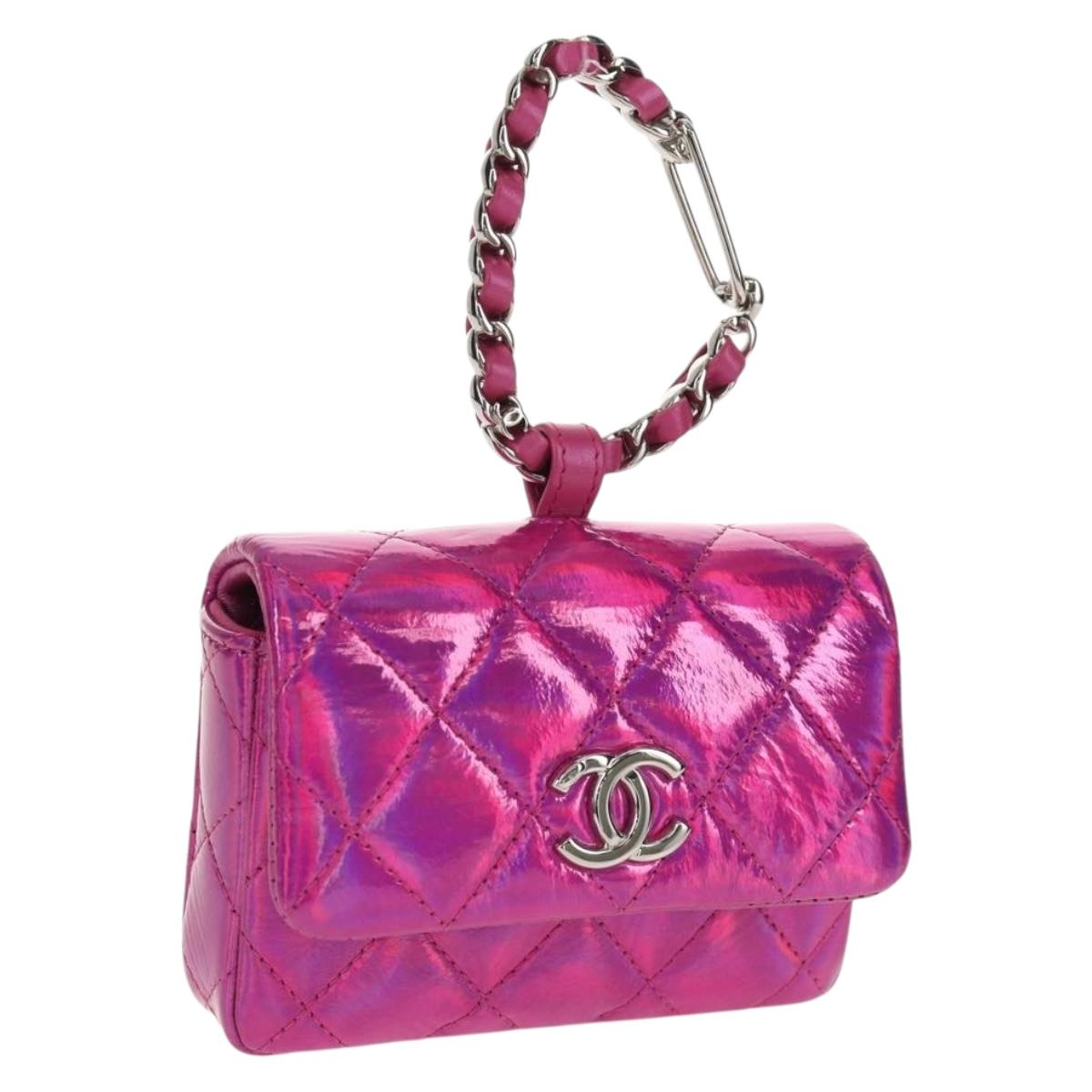 CHANEL Matelasse Hand Pouch Charm Patent leather Pink Silver CC Auth ti3561SAM