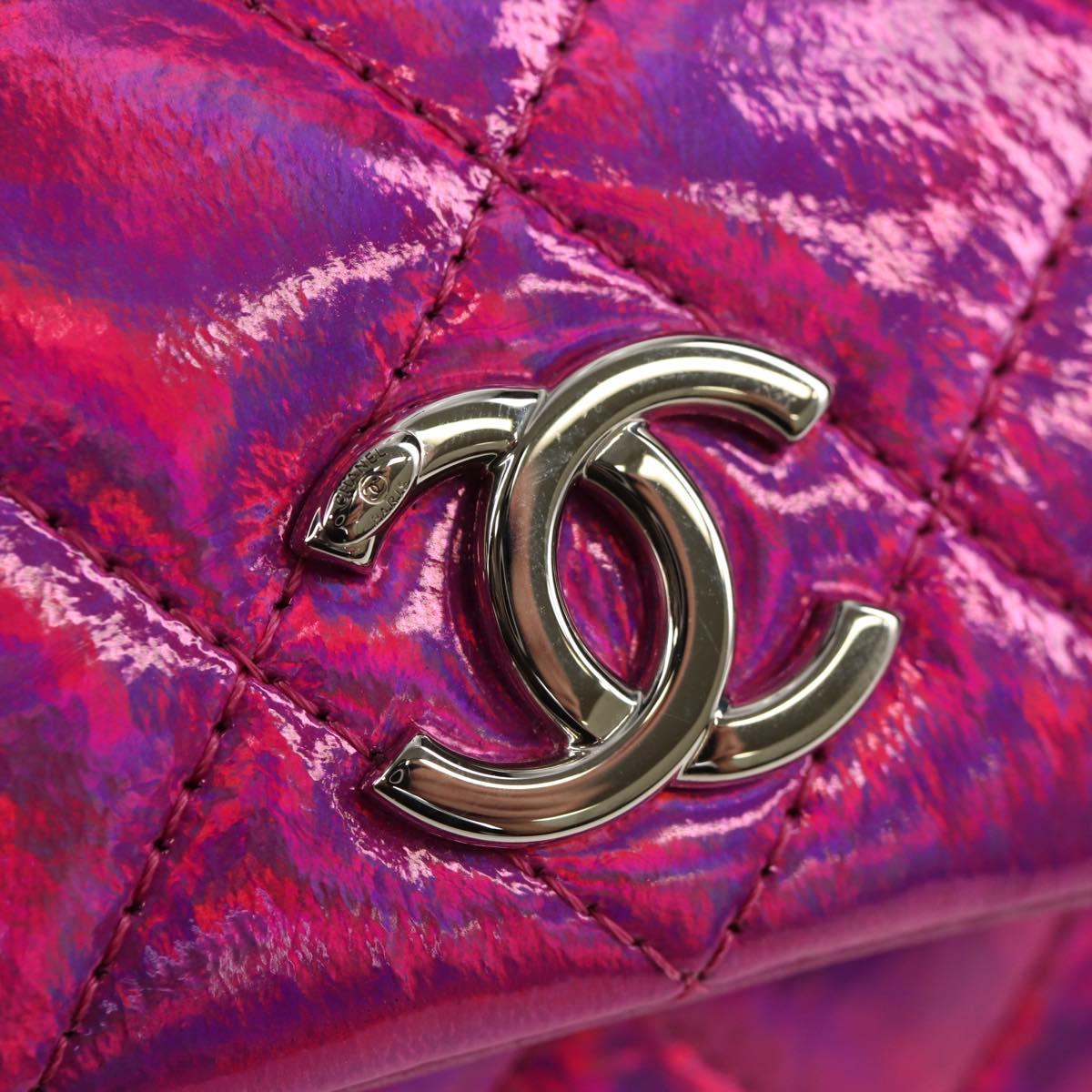 CHANEL Matelasse Hand Pouch Charm Patent leather Pink Silver CC Auth ti3561SAM