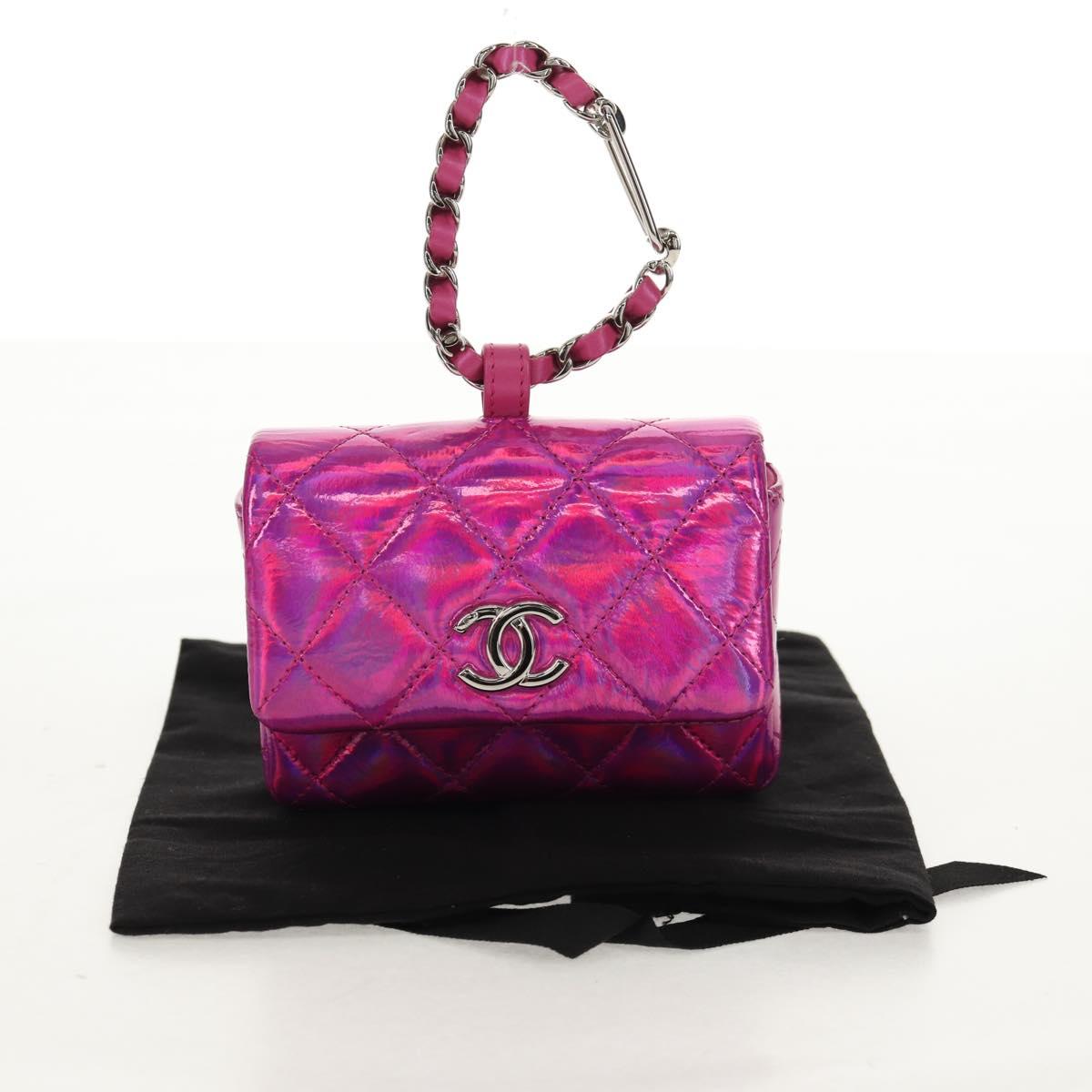 CHANEL Matelasse Hand Pouch Charm Patent leather Pink Silver CC Auth ti3561SAM