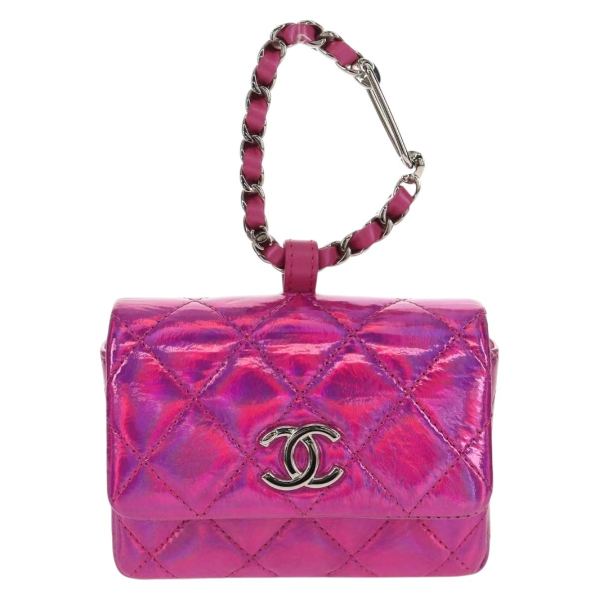CHANEL Matelasse Hand Pouch Charm Patent leather Pink Silver CC Auth ti3561SAM