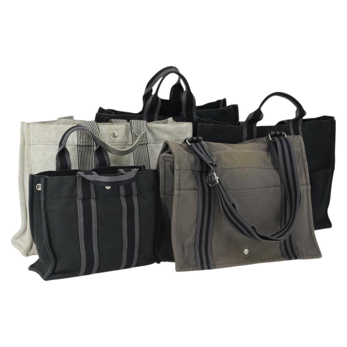 HERMES Fourre Tout Hand Bag Canvas 5 Set Gray Black Auth ti3571