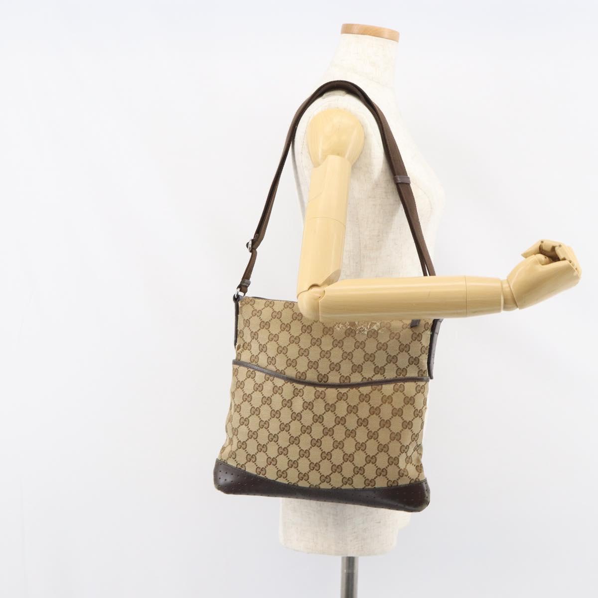 GUCCI GG Canvas Shoulder Bag Beige Silver 145857 Auth ti3599