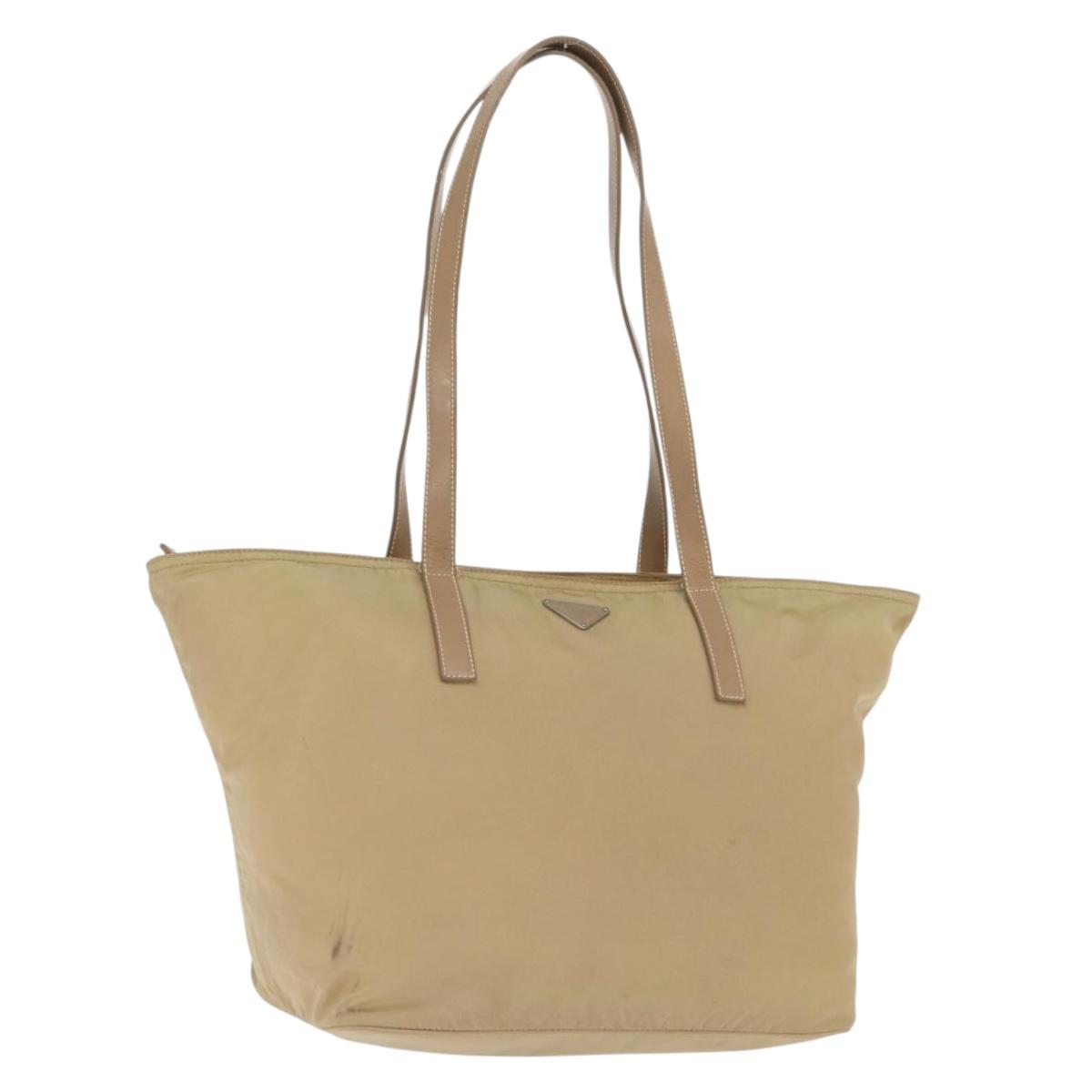 PRADA Tote Bag Nylon Beige Silver Auth ti3600